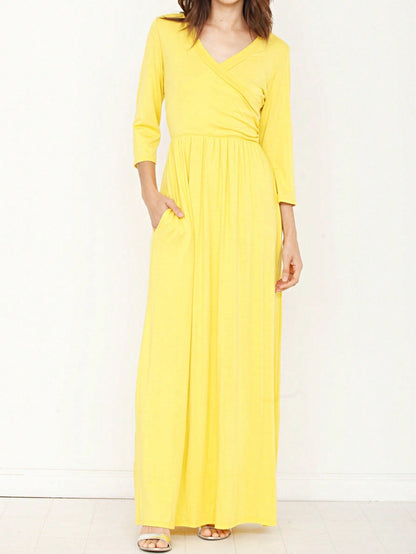 Retro Boho Woven Floral Pink Yellow Maxi Surplice Wrap Sah Dress Front Tie Flutter Sleeve