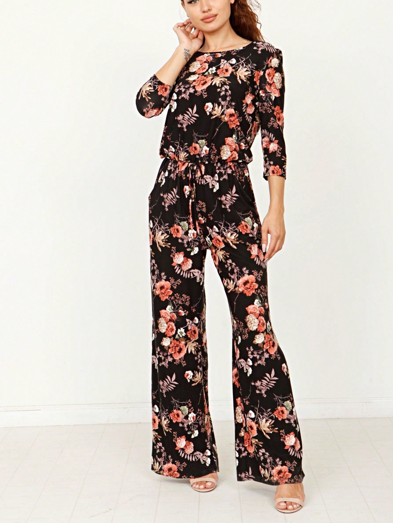 Boho Casual Beige Blue Floral Leaf Tank Cami One Shoulder Ruffle Wide Leg Jumpsuit Small To 3 XL PLUS
