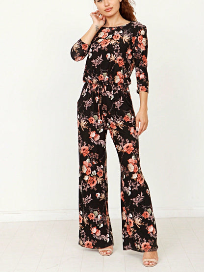 Boho Casual Beige Blue Floral Leaf Tank Cami One Shoulder Ruffle Wide Leg Jumpsuit Small To 3 XL PLUS