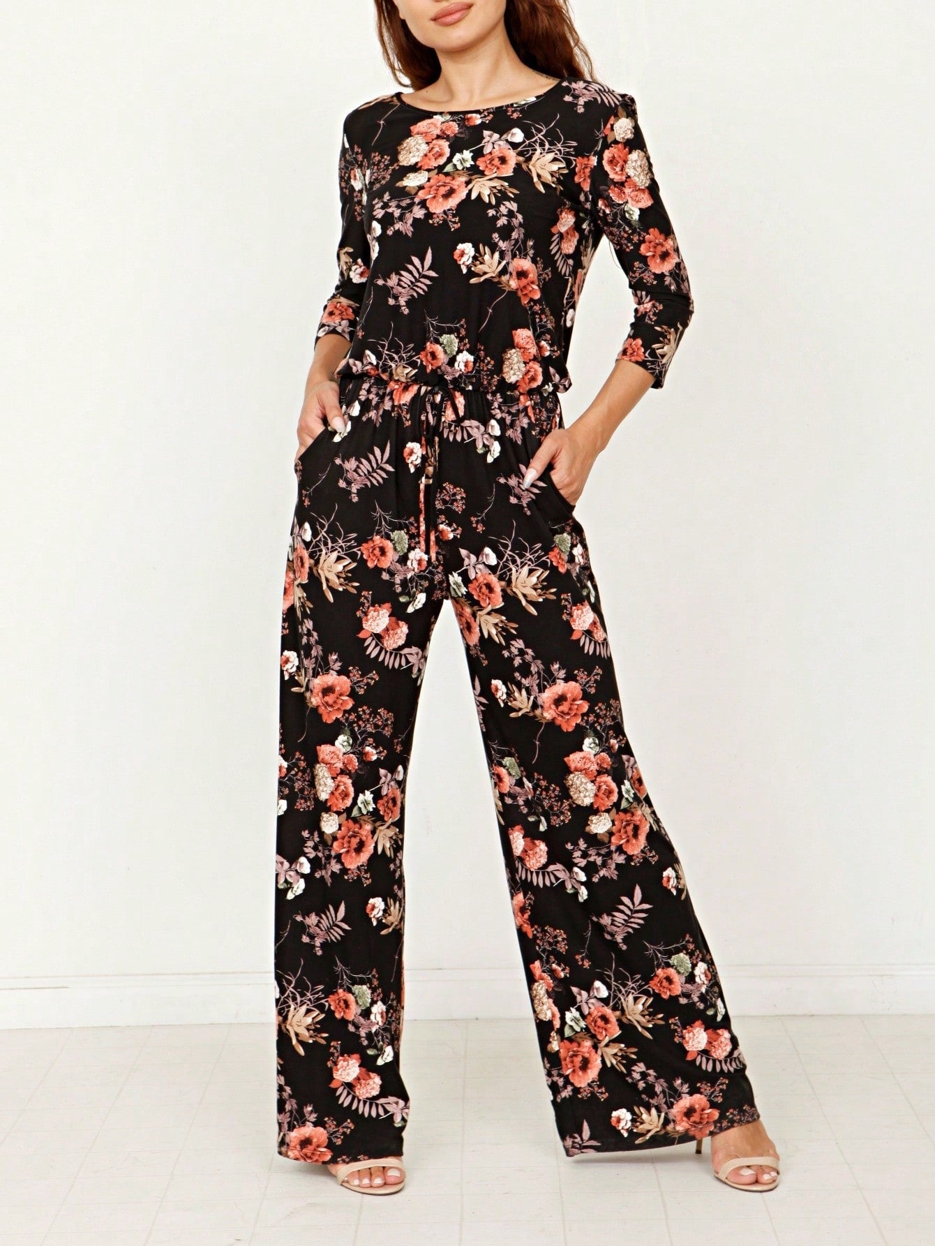Boho Casual Beige Blue Floral Leaf Tank Cami One Shoulder Ruffle Wide Leg Jumpsuit Small To 3 XL PLUS