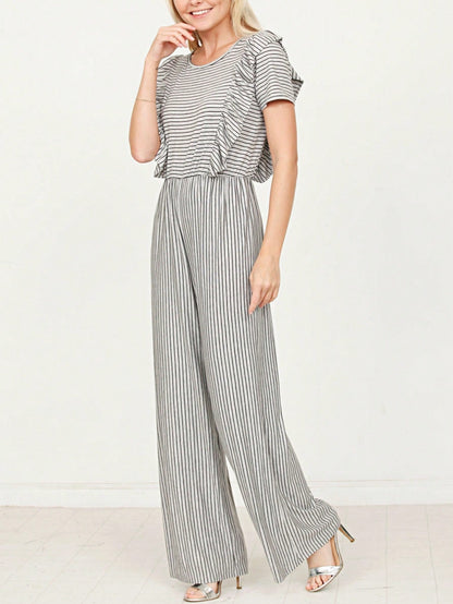 Boho  Retro 60's Romper Stripe Shorts Short Sleeve With Sash Jumpsuit
