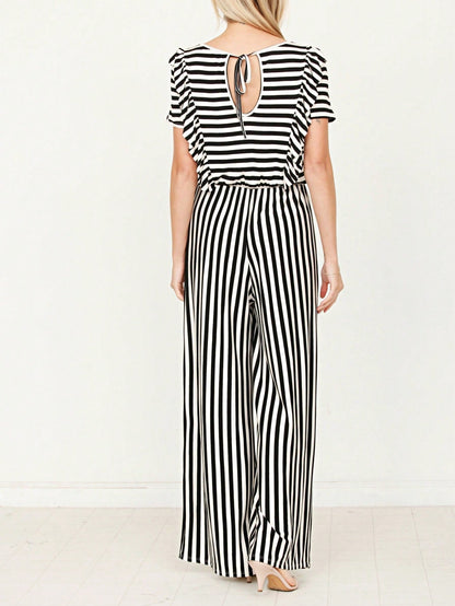 Boho  Retro 60's Romper Stripe Shorts Short Sleeve With Sash Jumpsuit