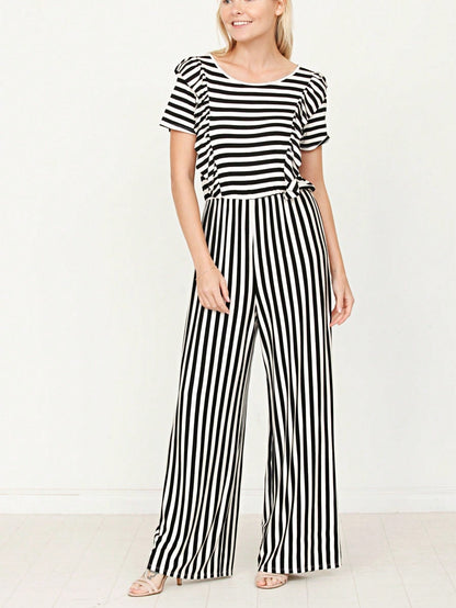 Boho  Retro 60's Romper Stripe Shorts Short Sleeve With Sash Jumpsuit