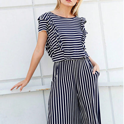 Boho  Retro 60's Romper Stripe Shorts Short Sleeve With Sash Jumpsuit