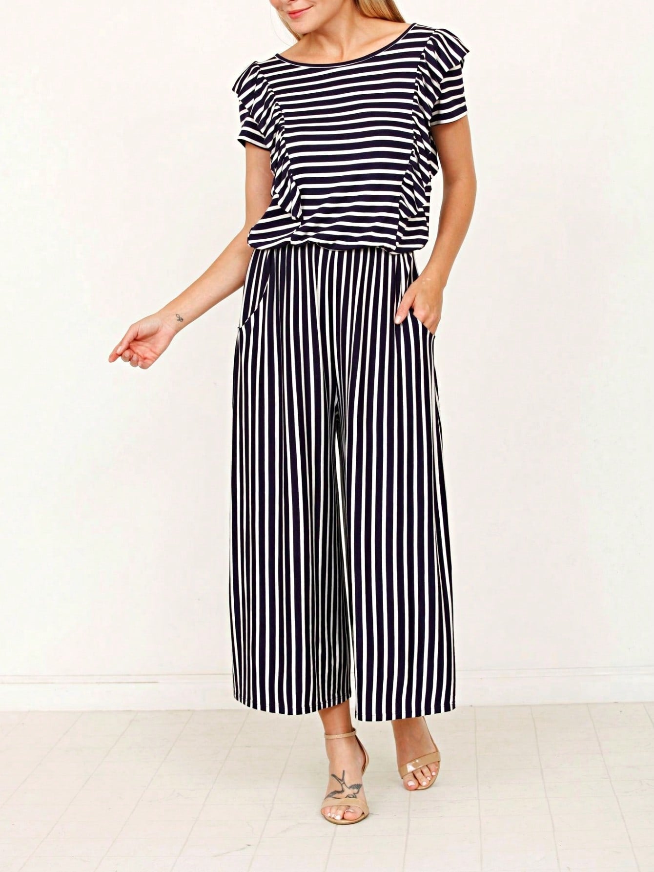 Boho  Retro 60's Romper Stripe Shorts Short Sleeve With Sash Jumpsuit