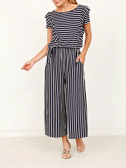 Boho  Retro 60's Romper Stripe Shorts Short Sleeve With Sash Jumpsuit