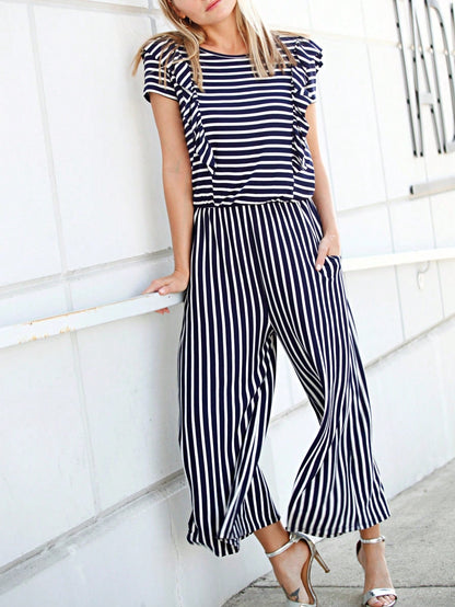 Boho  Retro 60's Romper Stripe Shorts Short Sleeve With Sash Jumpsuit