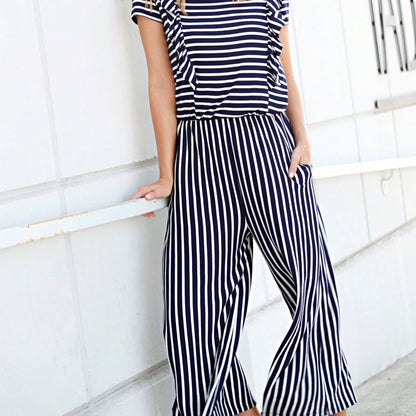 Boho  Retro 60's Romper Stripe Shorts Short Sleeve With Sash Jumpsuit