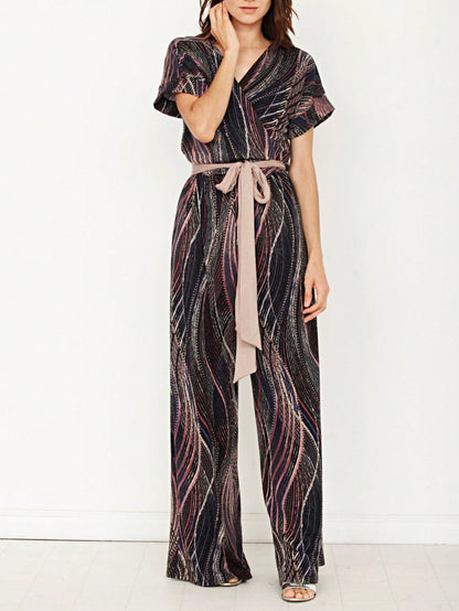 Boho  Retro 60's Romper Stripe Shorts Short Sleeve With Sash Jumpsuit