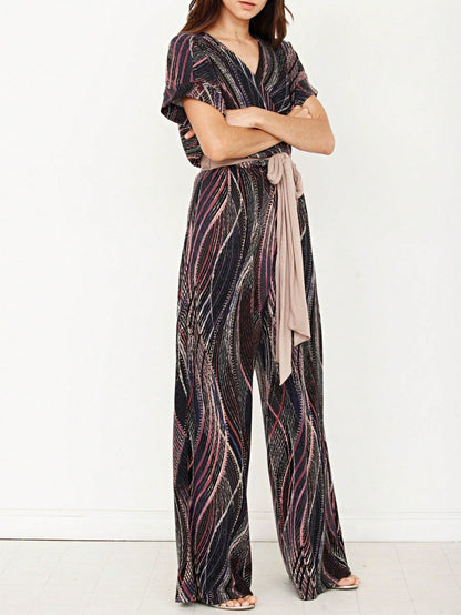 Boho  Retro 60's Romper Stripe Shorts Short Sleeve With Sash Jumpsuit