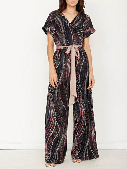 Boho  Retro 60's Romper Stripe Shorts Short Sleeve With Sash Jumpsuit