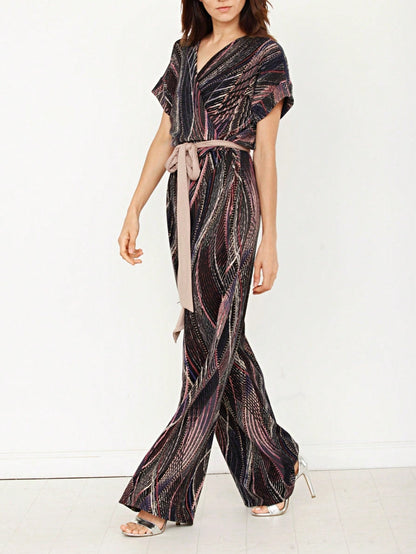 Boho  Retro 60's Romper Stripe Shorts Short Sleeve With Sash Jumpsuit