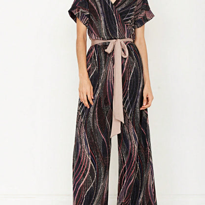 Boho  Retro 60's Romper Stripe Shorts Short Sleeve With Sash Jumpsuit