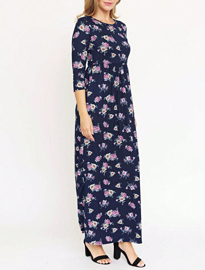 Tiered Tropical Short Sleeve Leaves Floral  Maxi Long Woven Dress