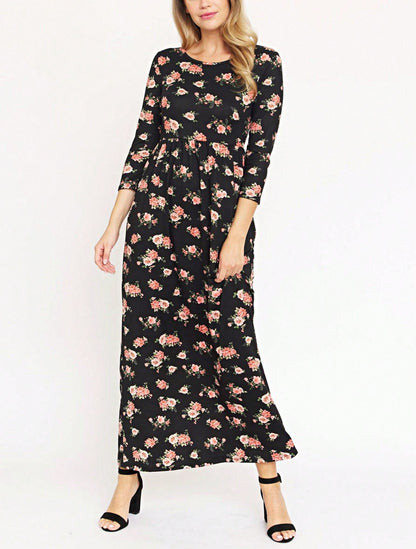 Tiered Tropical Short Sleeve Leaves Floral  Maxi Long Woven Dress