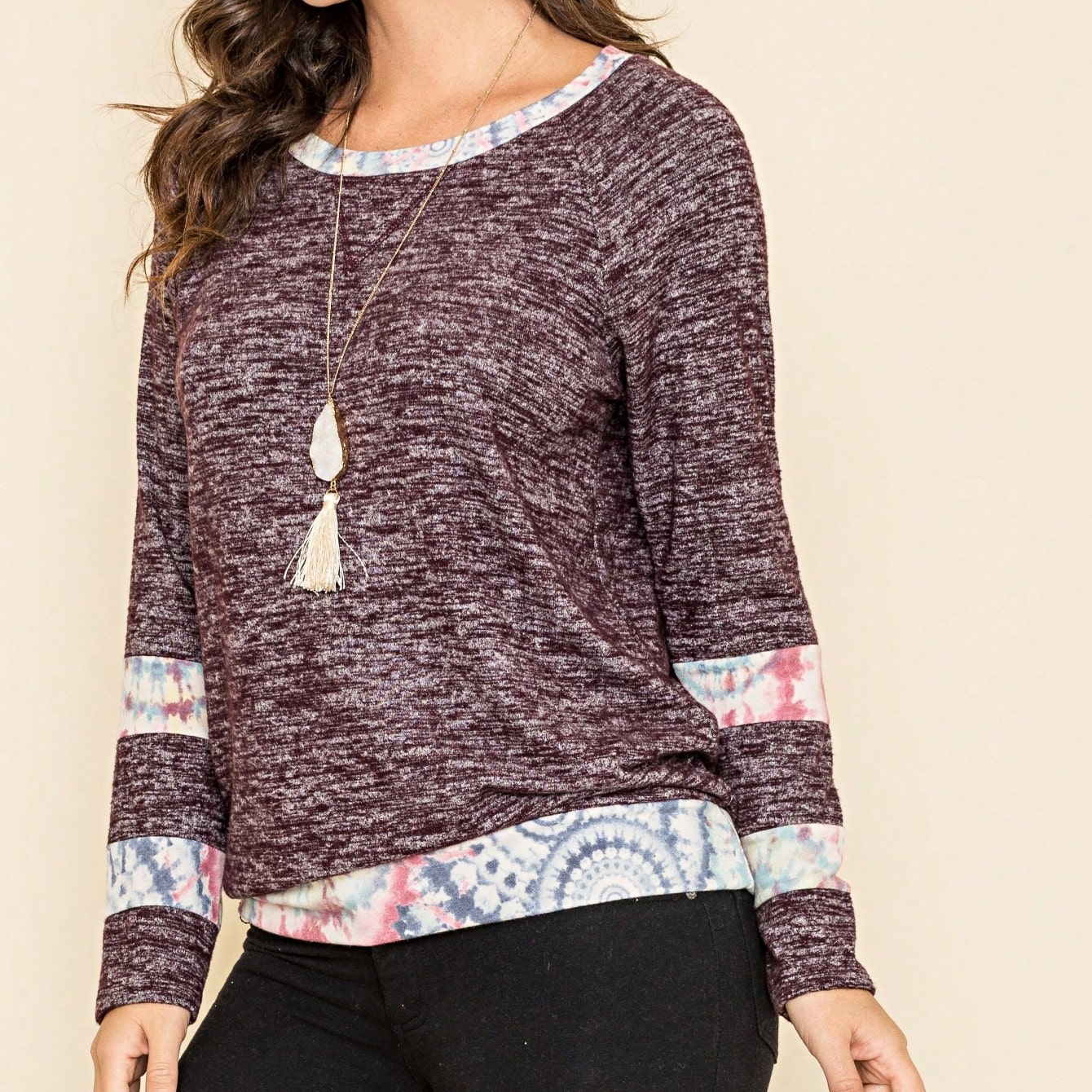 Boho Retro 90's Vintage  Preppy V Stitch  Stripe Knit Contrast Binding Brushed Soft Floral Raglan Sleeve Tunic Top Pullover Only