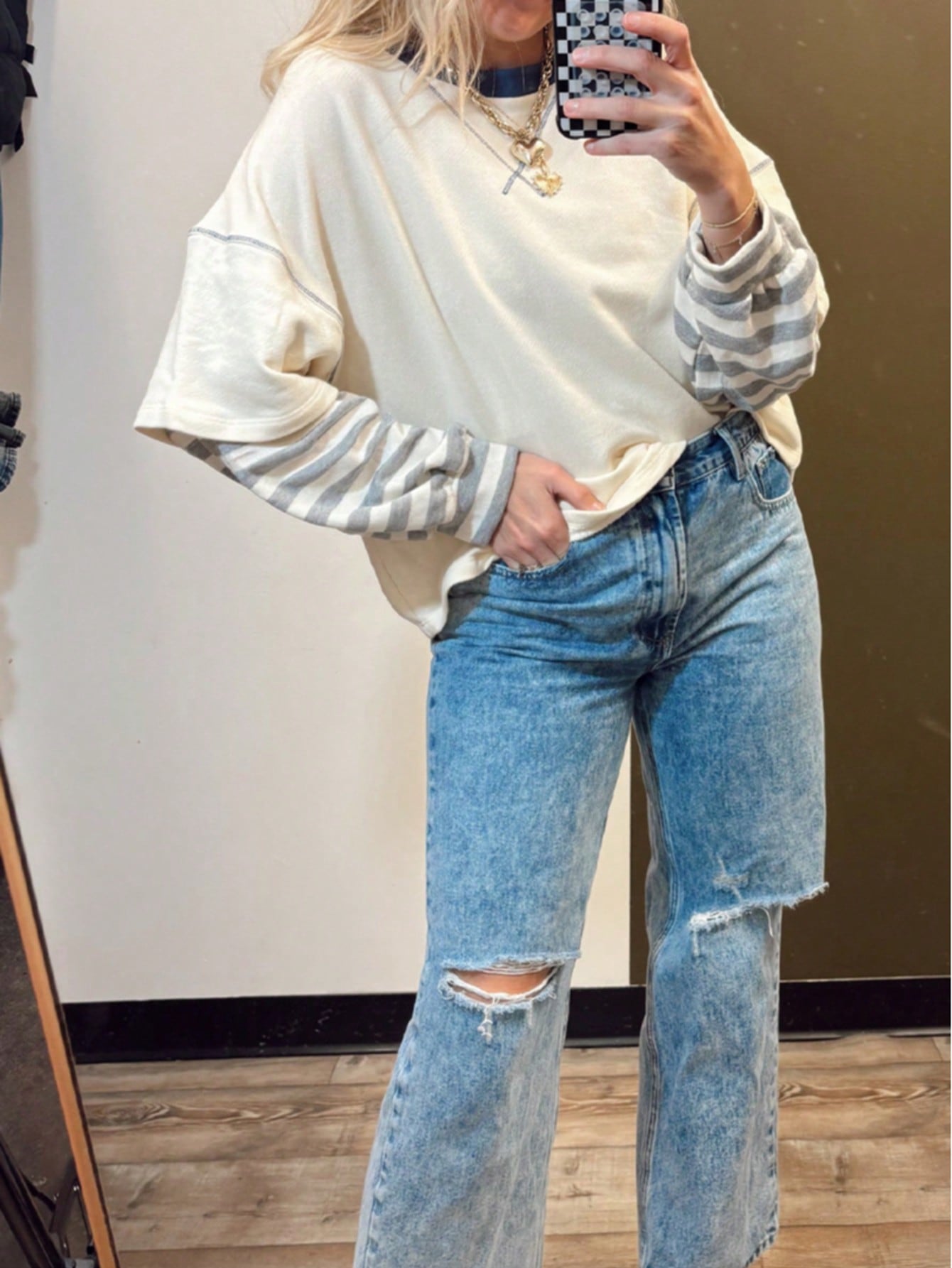 Boho Retro Vintage 90's Stripe Cotton Drop Shoulder Over Size V Neck Rugby  Preppy Shirt  Top Pullover Sweater