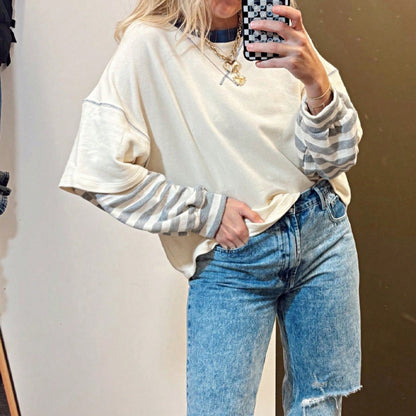 Boho Retro Vintage 90's Stripe Cotton Drop Shoulder Over Size V Neck Rugby  Preppy Shirt  Top Pullover Sweater