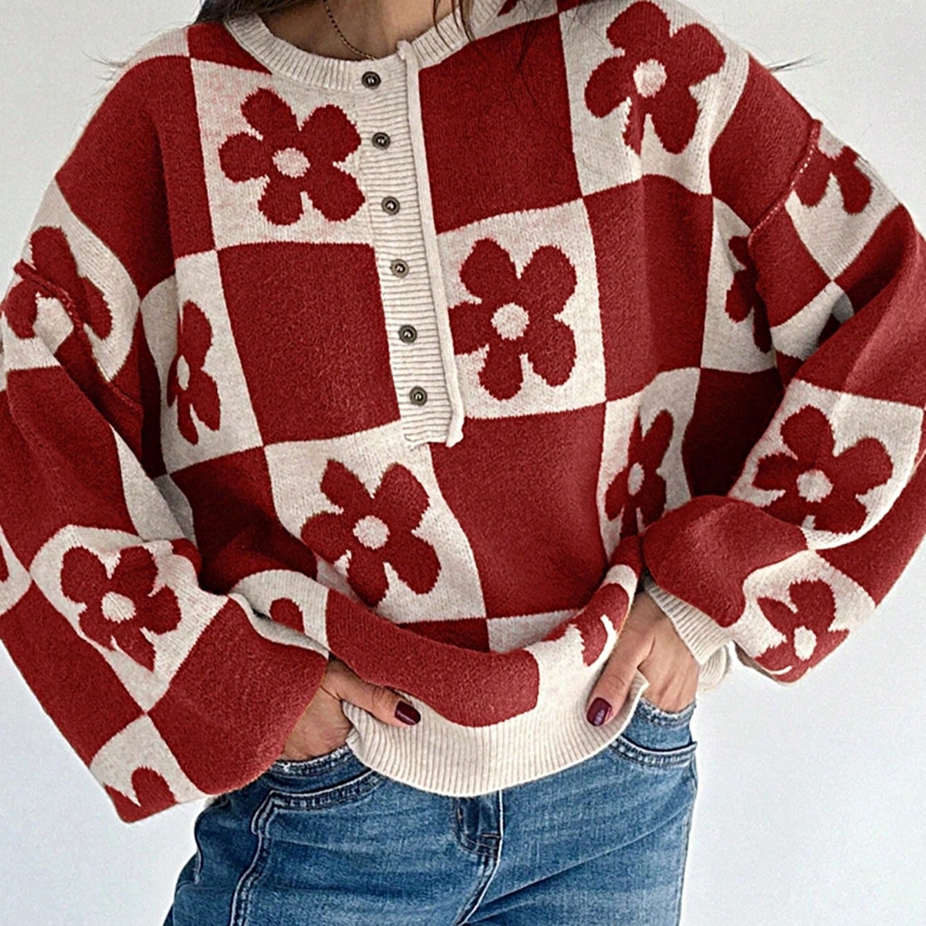 Boho Retro Vintage Viscose 60's  Drop Shoulder Button Henley Side  Sleeve Khaki Beige Checkered Cream Sweater Knit Top Pullover Red