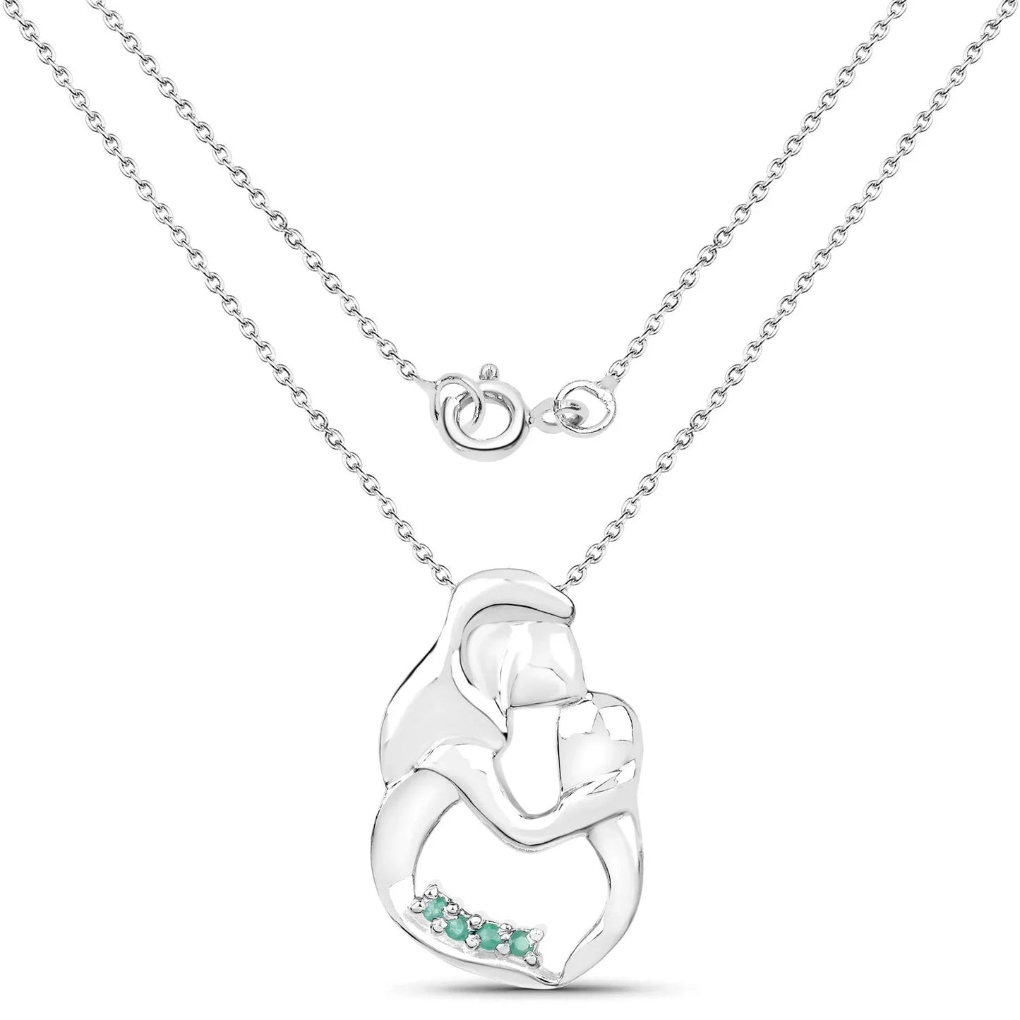 Round Green Emerald Prong Silver Mom Pendant Necklace