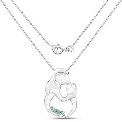 Round Green Emerald Prong Silver Mom Pendant Necklace