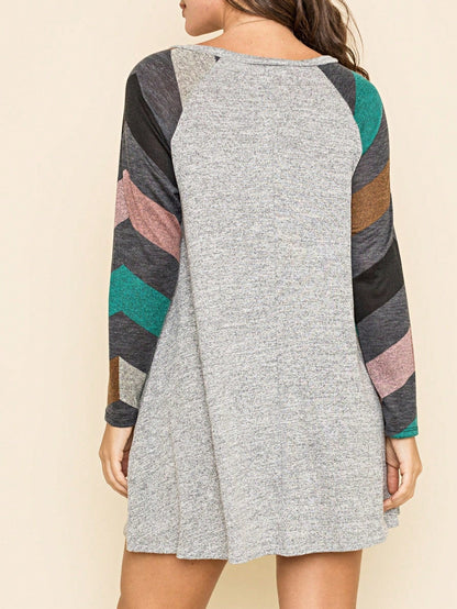 Boho Retro Classic Cap Sleeve Raglan Contrast  Stripe Green Red Navy Pink Grey Tunic Dress