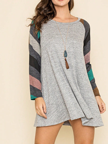 Boho Retro Classic Cap Sleeve Raglan Contrast  Stripe Green Red Navy Pink Grey Tunic Dress
