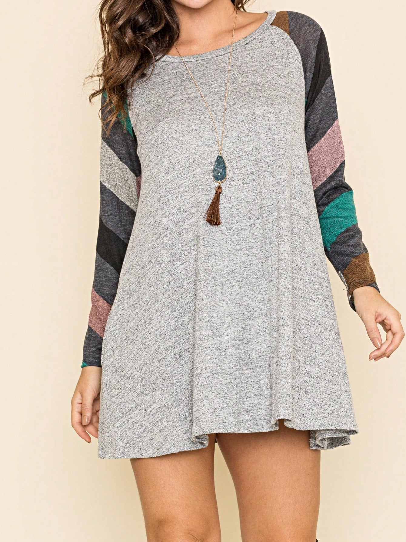 Boho Retro Classic Cap Sleeve Raglan Contrast  Stripe Green Red Navy Pink Grey Tunic Dress