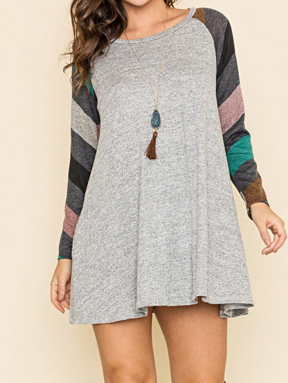 Boho Retro Classic Cap Sleeve Raglan Contrast  Stripe Green Red Navy Pink Grey Tunic Dress