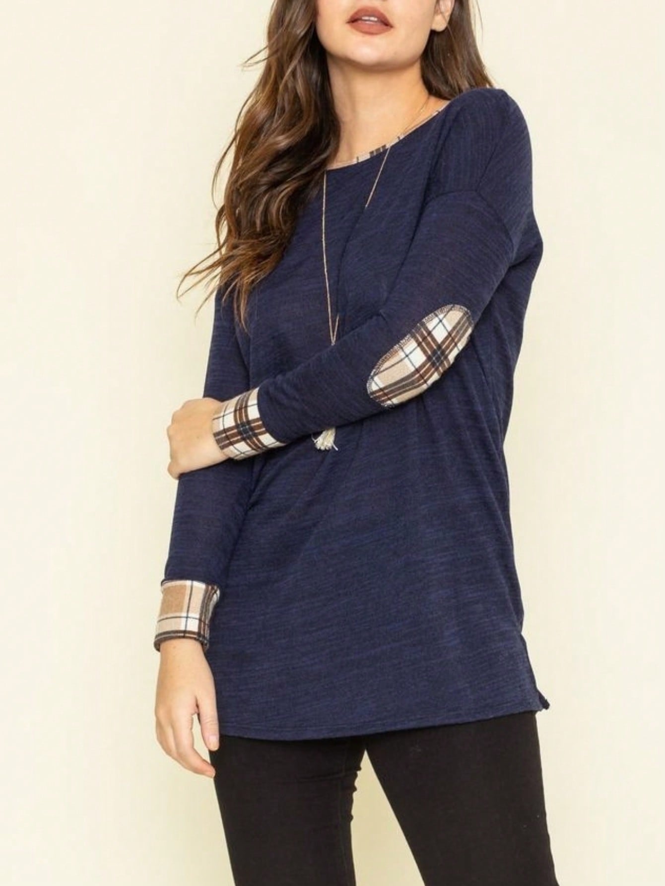 Navy Blue Boho Retro 90's Vintage Sleeve Dot Print Knit Contrast Binding Waffle  Soft Floral Raglan Sleeve Tunic Top Pullover