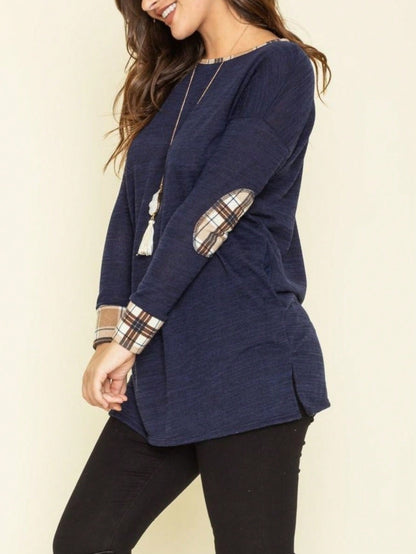 Navy Blue Boho Retro 90's Vintage Sleeve Dot Print Knit Contrast Binding Waffle  Soft Floral Raglan Sleeve Tunic Top Pullover