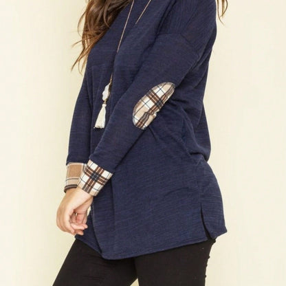 Navy Blue Boho Retro 90's Vintage Sleeve Dot Print Knit Contrast Binding Waffle  Soft Floral Raglan Sleeve Tunic Top Pullover
