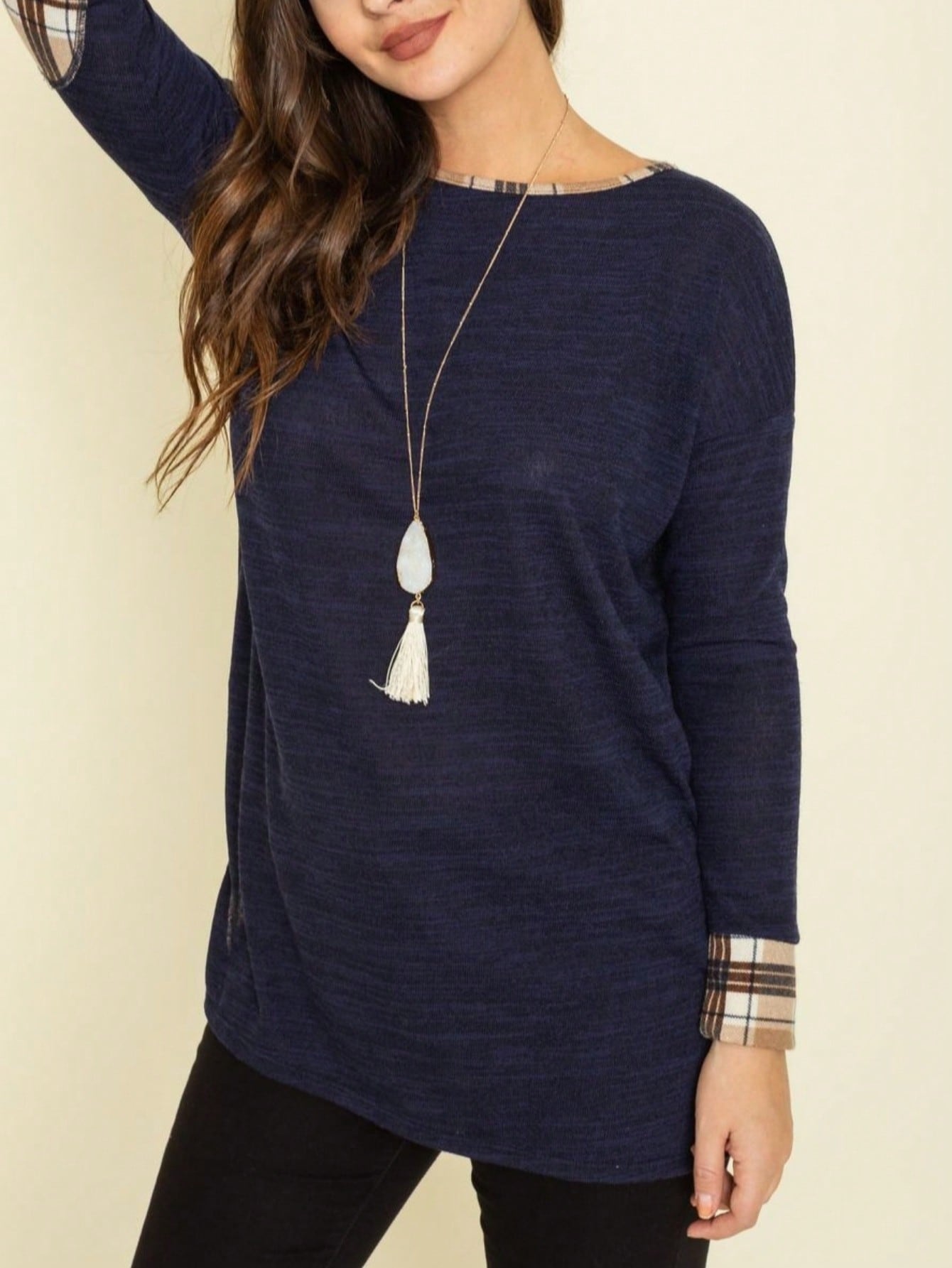 Navy Blue Boho Retro 90's Vintage Sleeve Dot Print Knit Contrast Binding Waffle  Soft Floral Raglan Sleeve Tunic Top Pullover