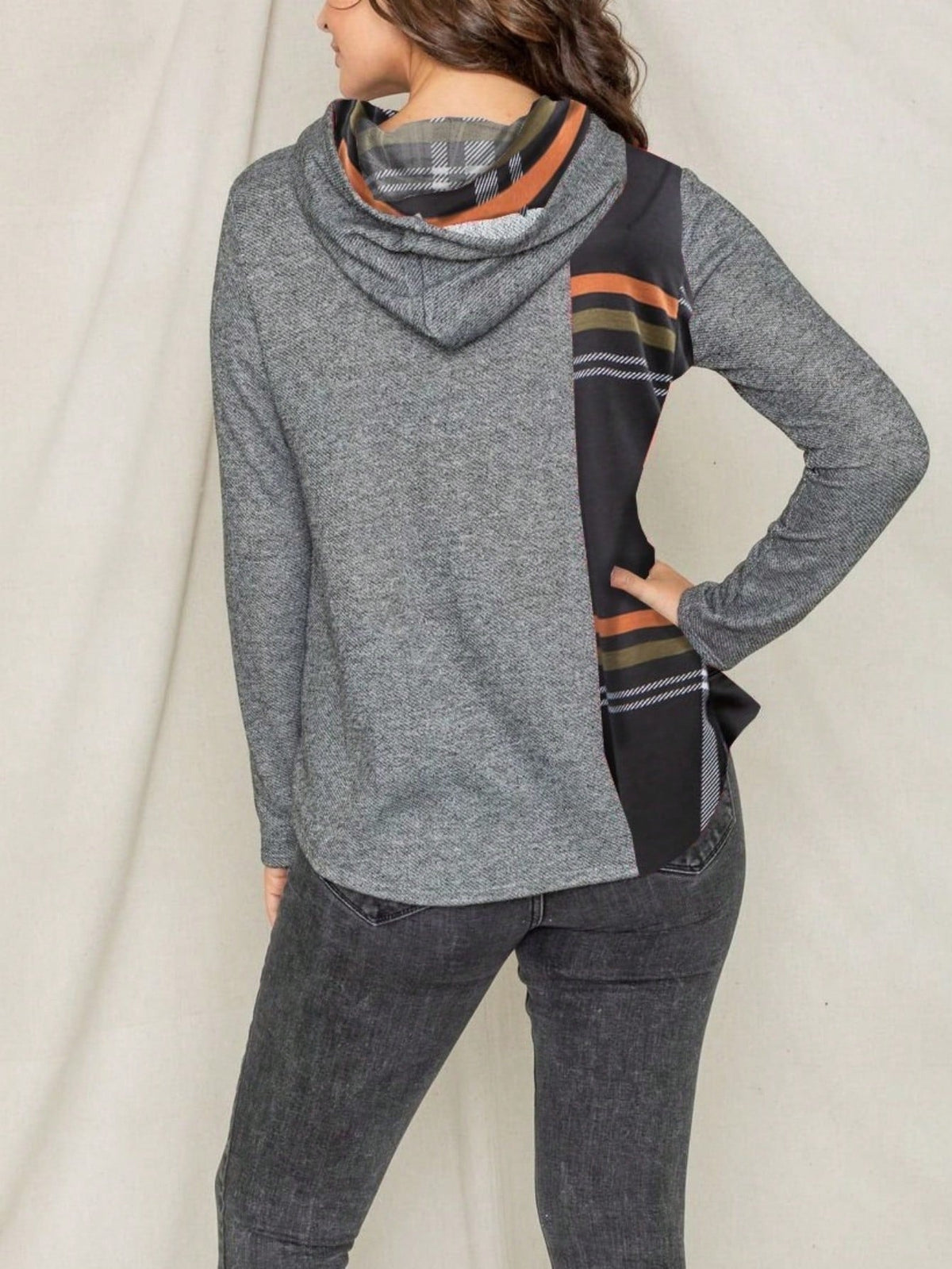 Women's Stylish Long Sleeve Knitted Fabric Top With Plaid Contrast Panel And Drawstring Detail Casual Regular Length Blouse