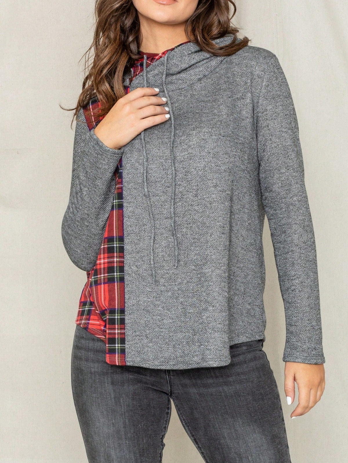 Women's Stylish Long Sleeve Knitted Fabric Top With Plaid Contrast Panel And Drawstring Detail Casual Regular Length Blouse