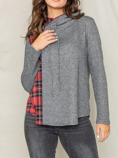Women's Stylish Long Sleeve Knitted Fabric Top With Plaid Contrast Panel And Drawstring Detail Casual Regular Length Blouse