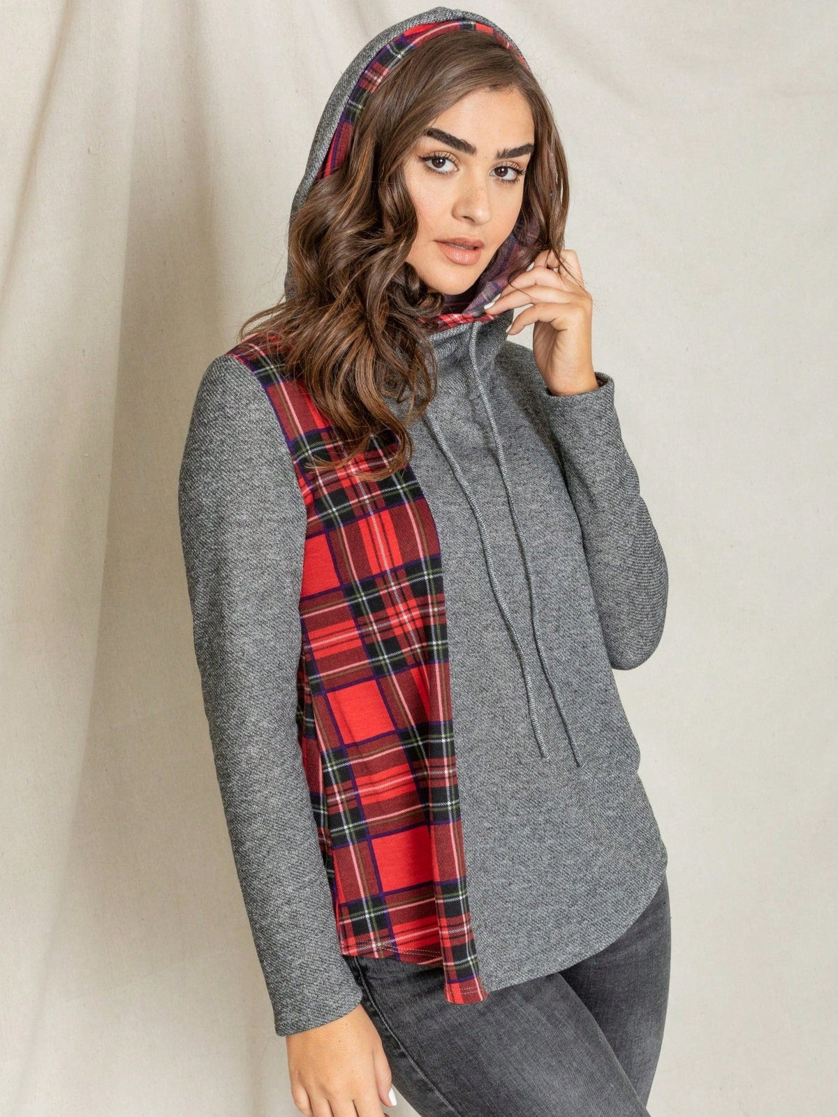Women's Stylish Long Sleeve Knitted Fabric Top With Plaid Contrast Panel And Drawstring Detail Casual Regular Length Blouse