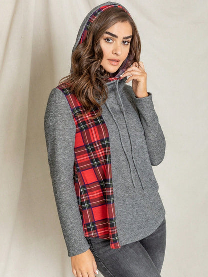 Women's Stylish Long Sleeve Knitted Fabric Top With Plaid Contrast Panel And Drawstring Detail Casual Regular Length Blouse