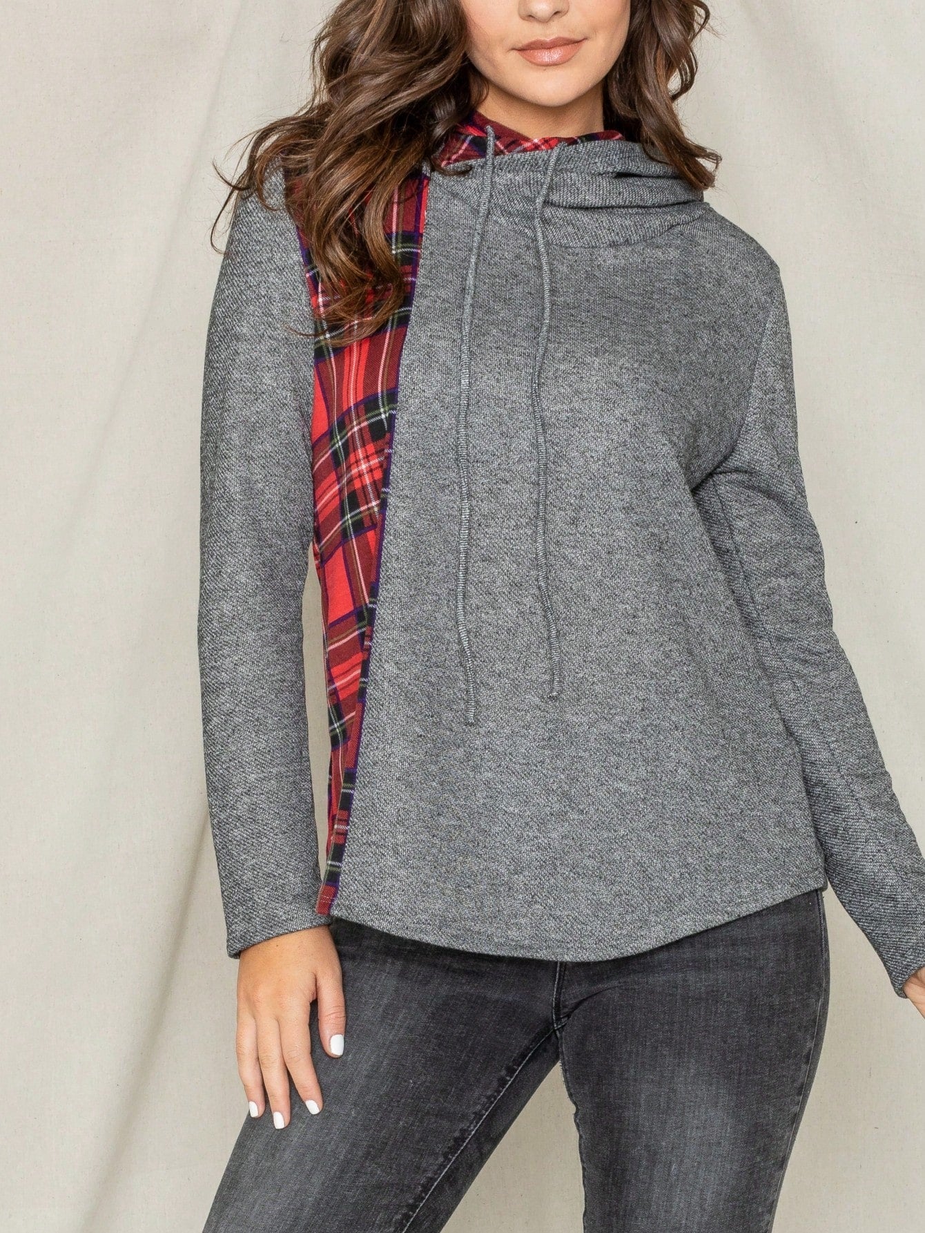 Women's Stylish Long Sleeve Knitted Fabric Top With Plaid Contrast Panel And Drawstring Detail Casual Regular Length Blouse