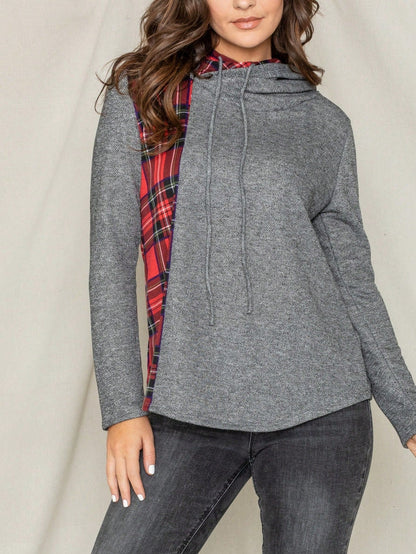 Women's Stylish Long Sleeve Knitted Fabric Top With Plaid Contrast Panel And Drawstring Detail Casual Regular Length Blouse