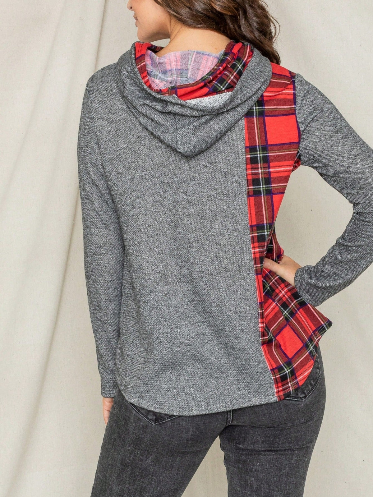 Women's Stylish Long Sleeve Knitted Fabric Top With Plaid Contrast Panel And Drawstring Detail Casual Regular Length Blouse