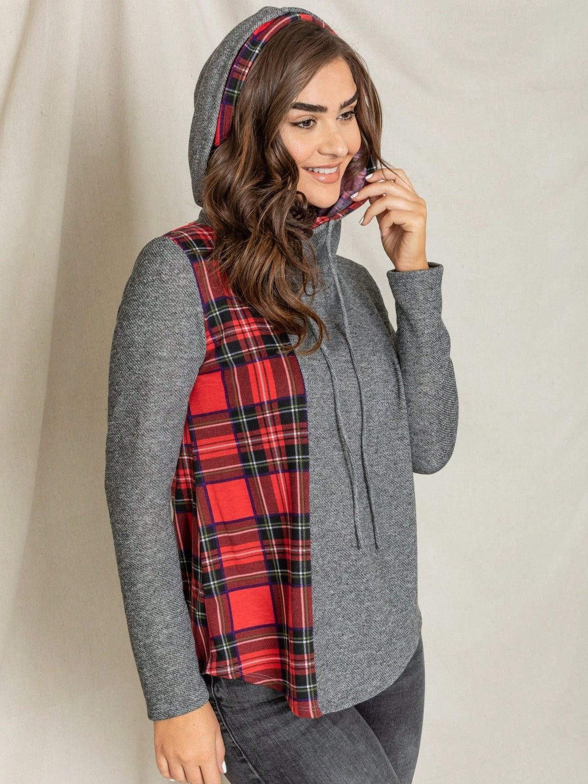 Women's Stylish Long Sleeve Knitted Fabric Top With Plaid Contrast Panel And Drawstring Detail Casual Regular Length Blouse