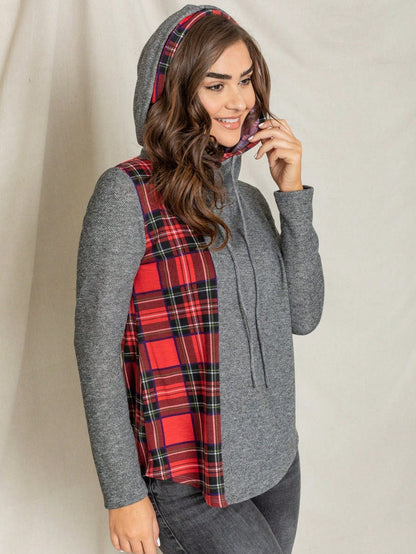 Women's Stylish Long Sleeve Knitted Fabric Top With Plaid Contrast Panel And Drawstring Detail Casual Regular Length Blouse