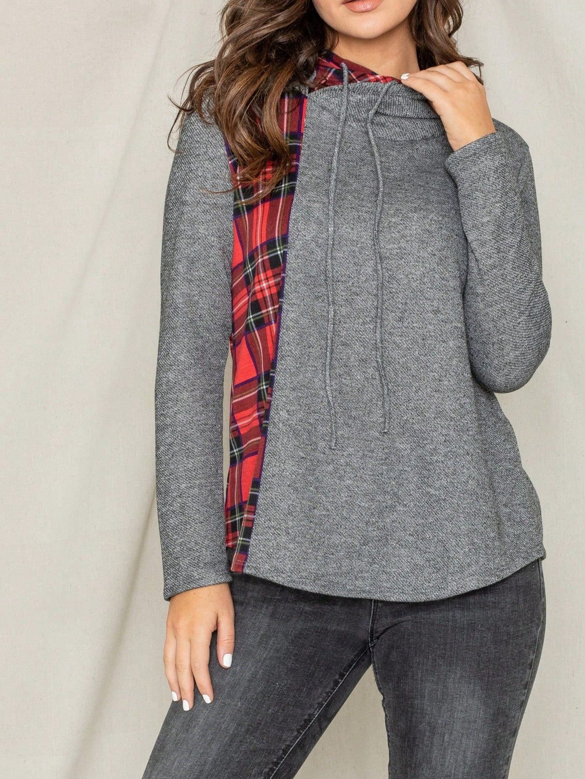 Women's Stylish Long Sleeve Knitted Fabric Top With Plaid Contrast Panel And Drawstring Detail Casual Regular Length Blouse