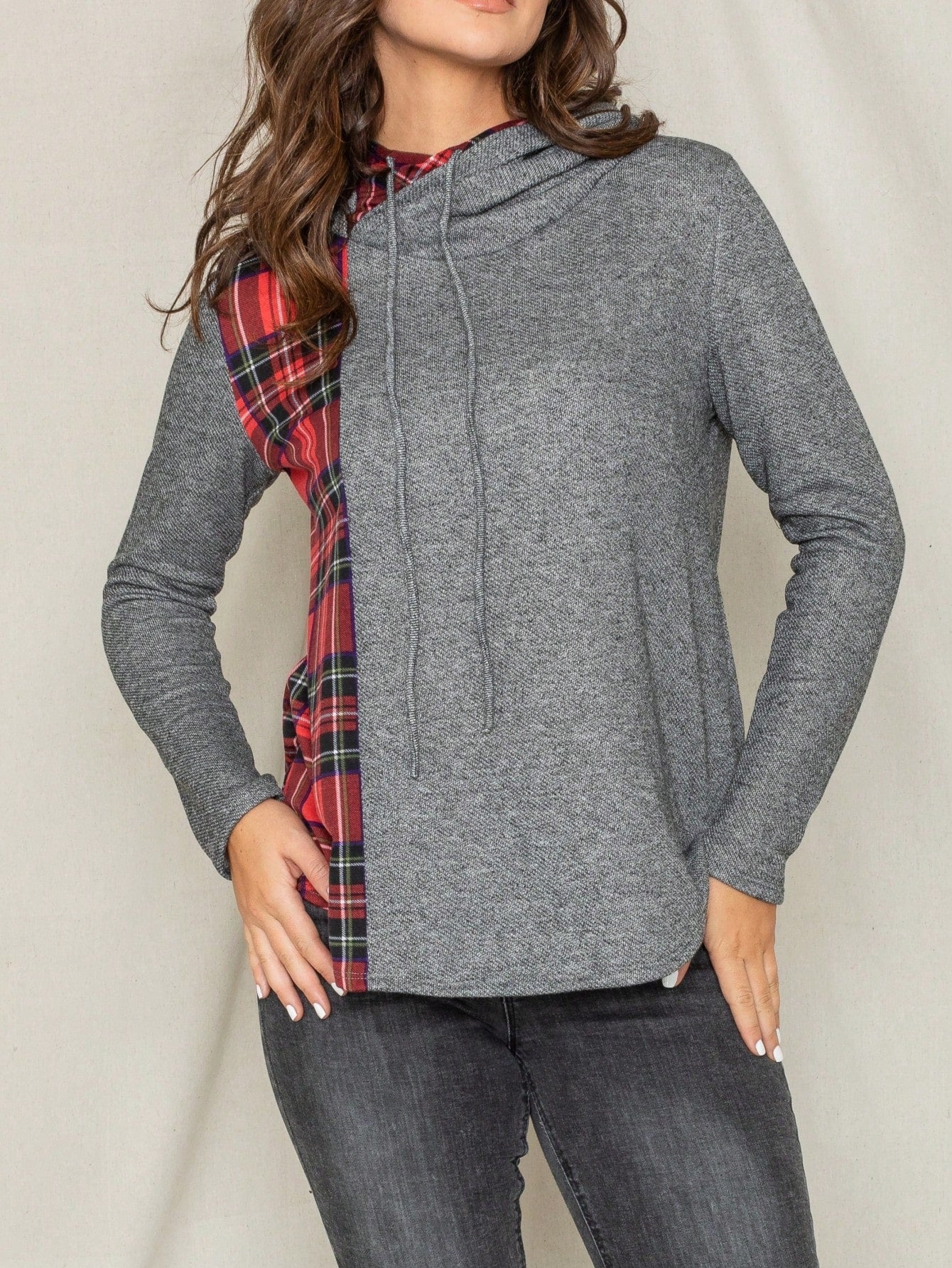 Women's Stylish Long Sleeve Knitted Fabric Top With Plaid Contrast Panel And Drawstring Detail Casual Regular Length Blouse
