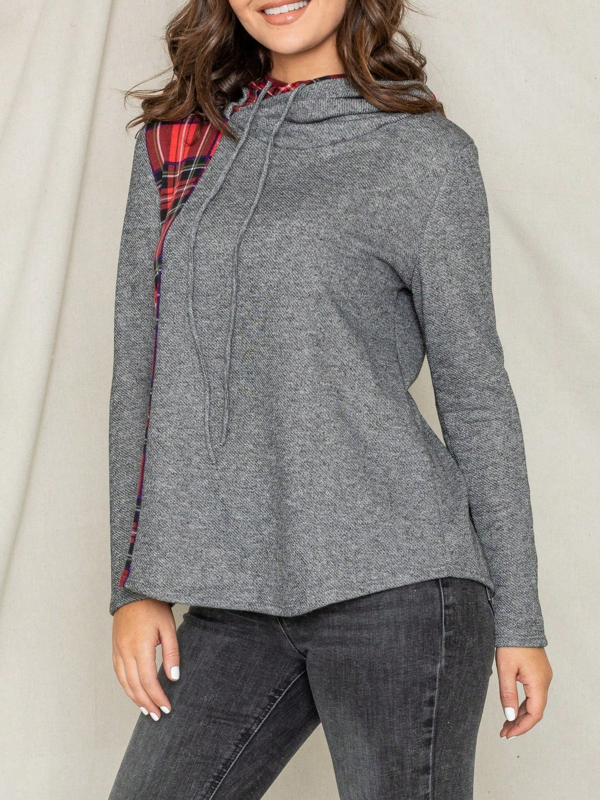 Women's Stylish Long Sleeve Knitted Fabric Top With Plaid Contrast Panel And Drawstring Detail Casual Regular Length Blouse