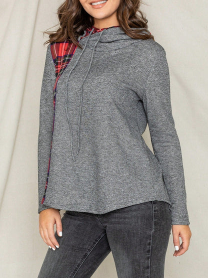 Women's Stylish Long Sleeve Knitted Fabric Top With Plaid Contrast Panel And Drawstring Detail Casual Regular Length Blouse