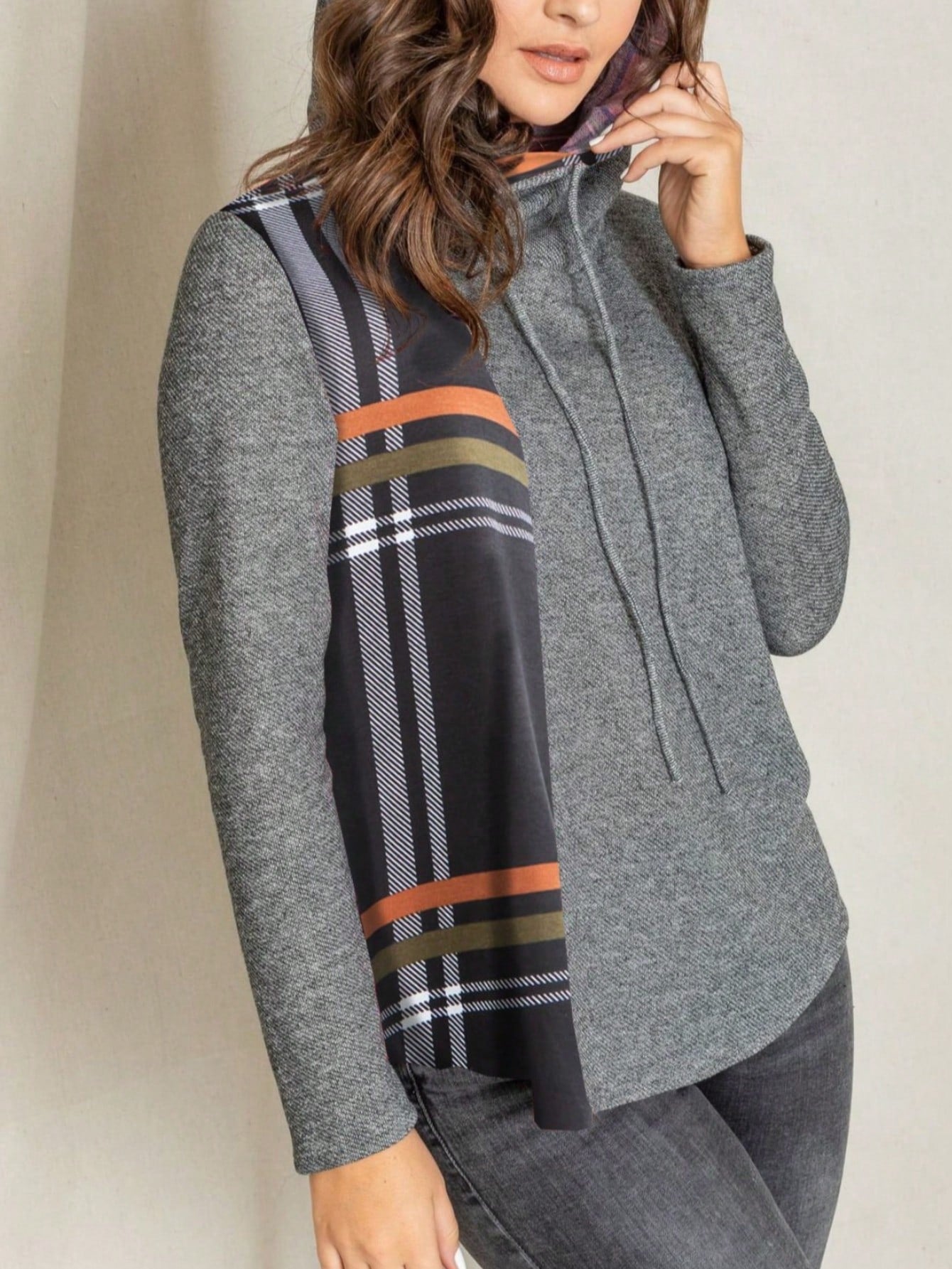 Women's Stylish Long Sleeve Knitted Fabric Top With Plaid Contrast Panel And Drawstring Detail Casual Regular Length Blouse