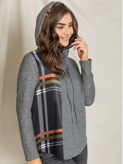 Women's Stylish Long Sleeve Knitted Fabric Top With Plaid Contrast Panel And Drawstring Detail Casual Regular Length Blouse