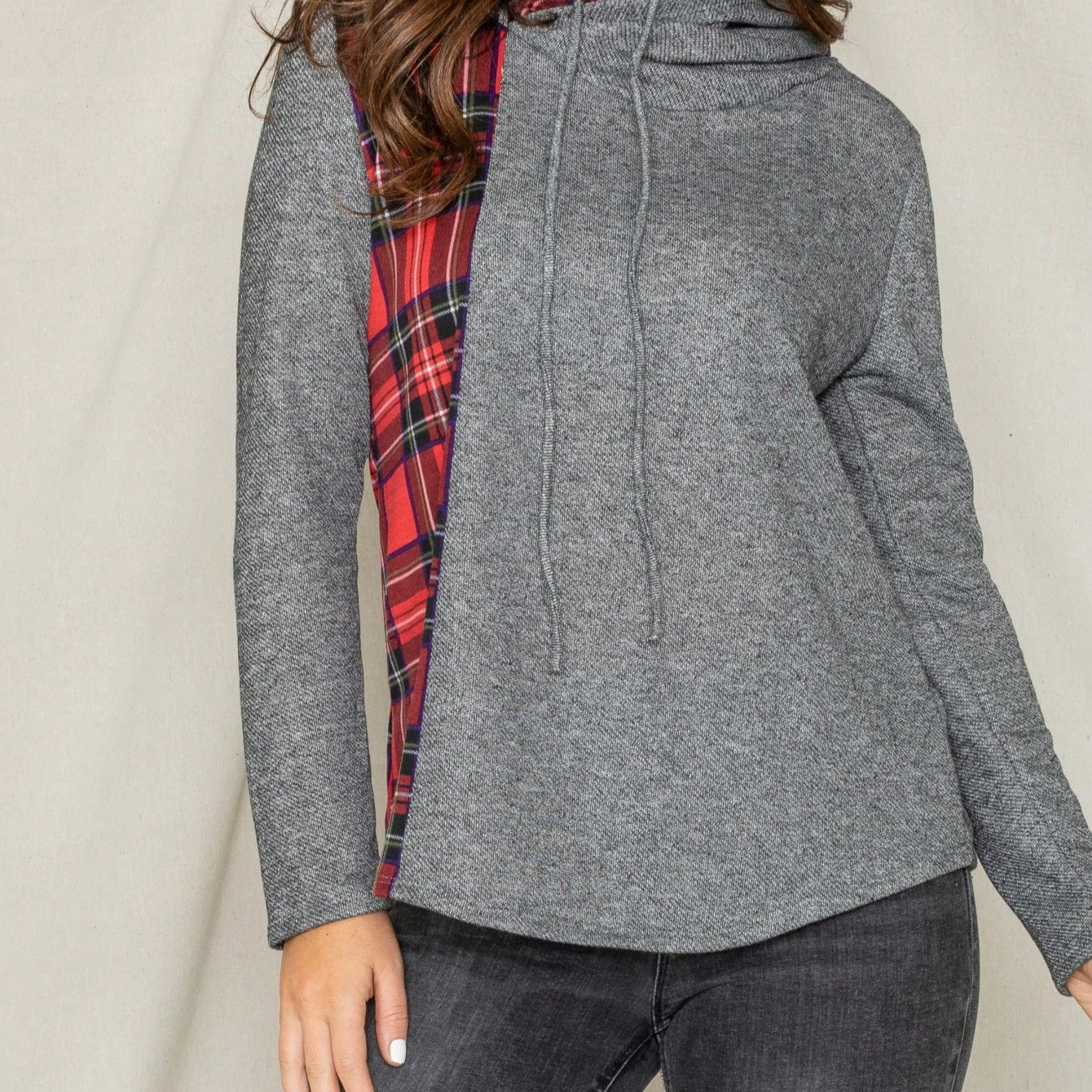 Women's Stylish Long Sleeve Knitted Fabric Top With Plaid Contrast Panel And Drawstring Detail Casual Regular Length Blouse